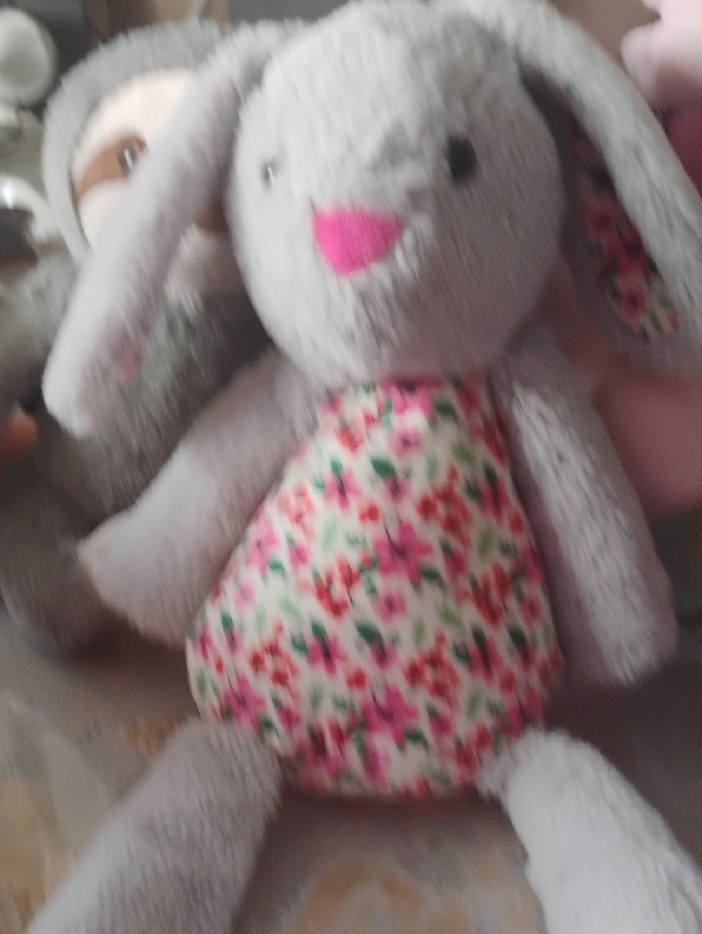 Scentsy Grey Bunny Plush with Pink Nose and Floral Belly